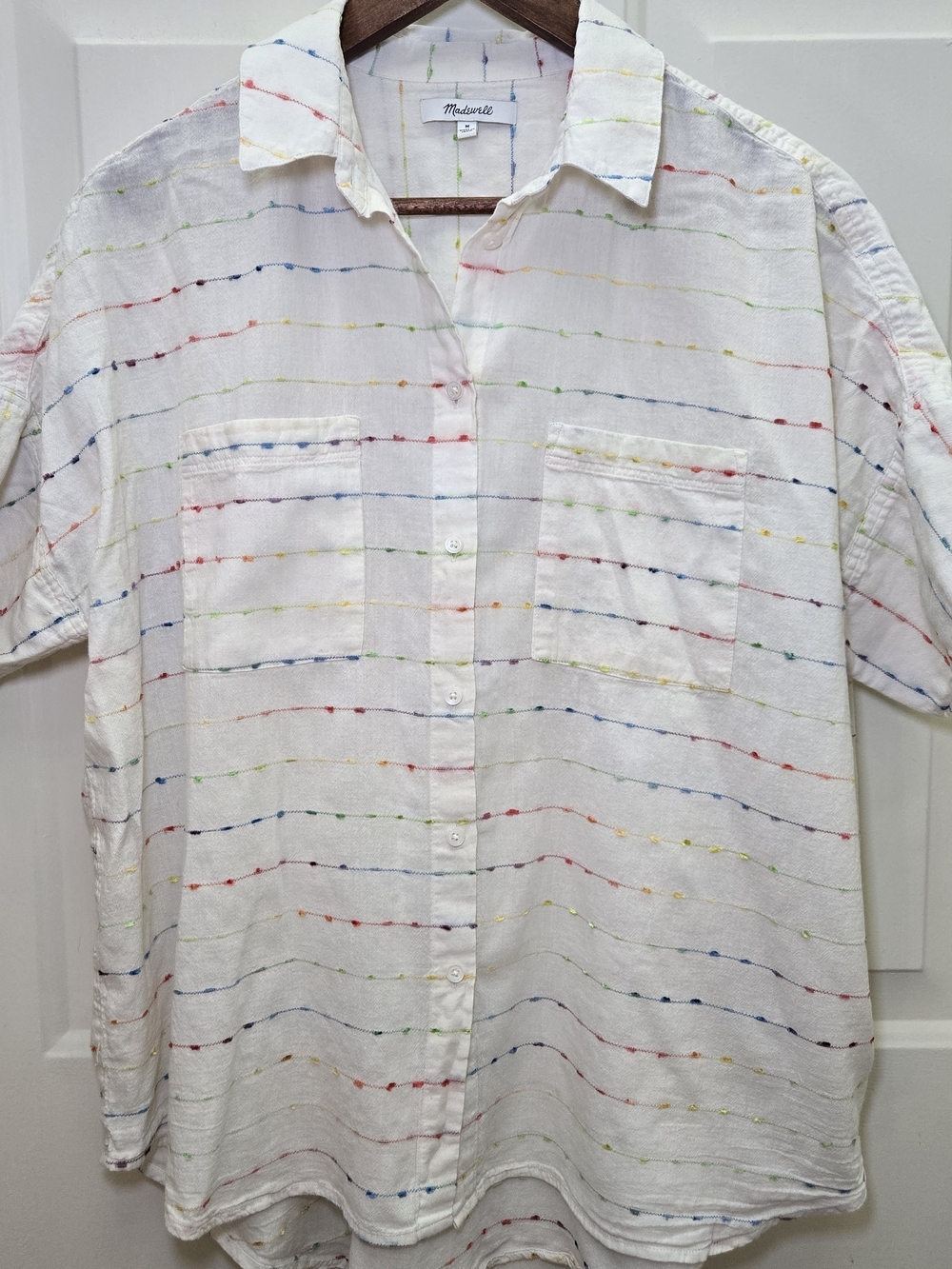 MADEWELL Courier Button Shirt Flecked Rainbow Stripe Size Medium Cotton Blend